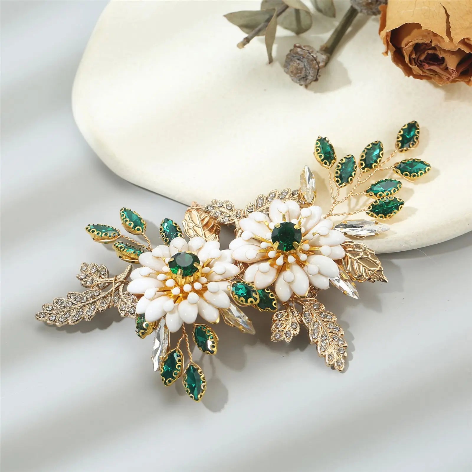 Europe and America Cross Border for Grandmother Green Claw Settings Gold Leaves Hair Clip Accessories Bridal