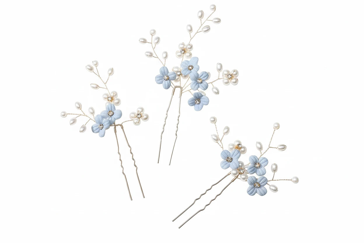 3pcs Blue Flower U Shaped Hair Pins Pearl Elegant Hair Clips Headwear for Wedding Bridal Hairclip Women Hair Jewelry Accessories something blue
