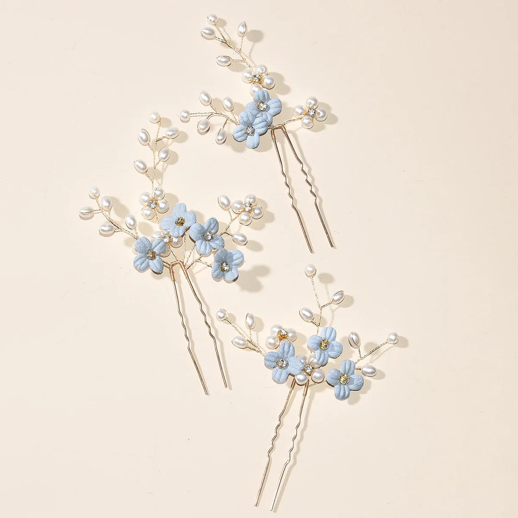 3pcs Blue Flower U Shaped Hair Pins Pearl Elegant Hair Clips Headwear for Wedding Bridal Hairclip Women Hair Jewelry Accessories something blue