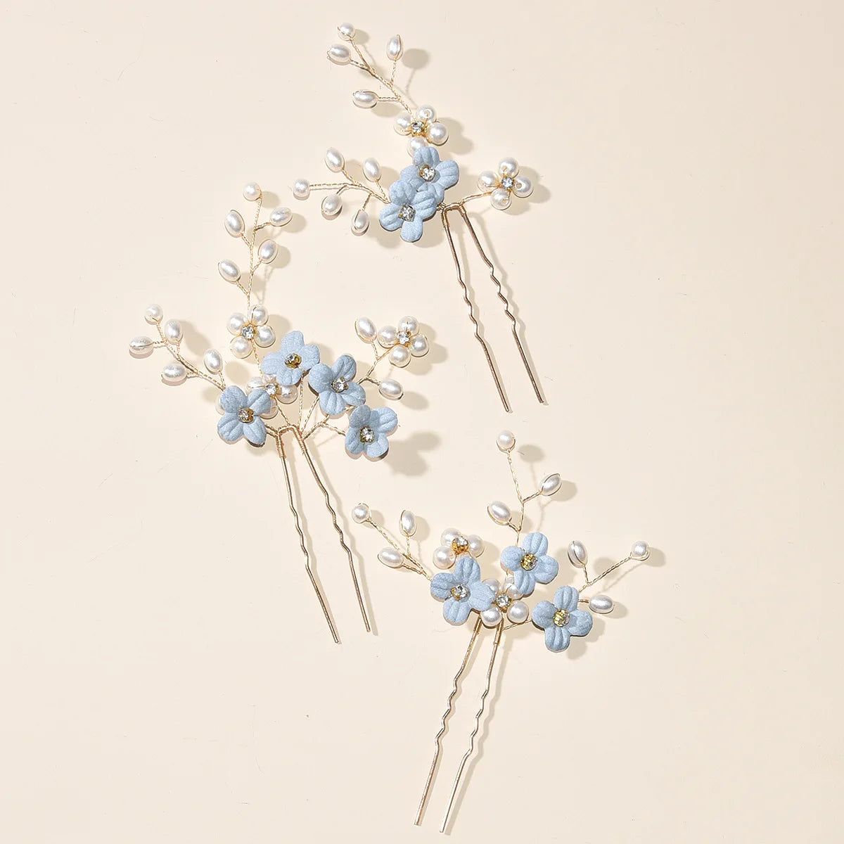 3pcs Blue Flower U Shaped Hair Pins Pearl Elegant Hair Clips Headwear for Wedding Bridal Hairclip Women Hair Jewelry Accessories something blue