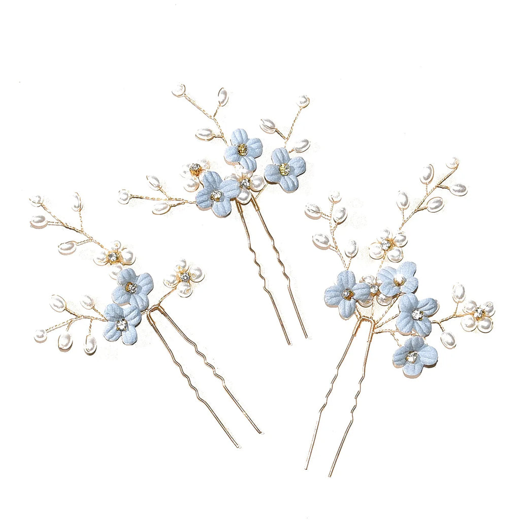 3pcs Blue Flower U Shaped Hair Pins Pearl Elegant Hair Clips Headwear for Wedding Bridal Hairclip Women Hair Jewelry Accessories something blue
