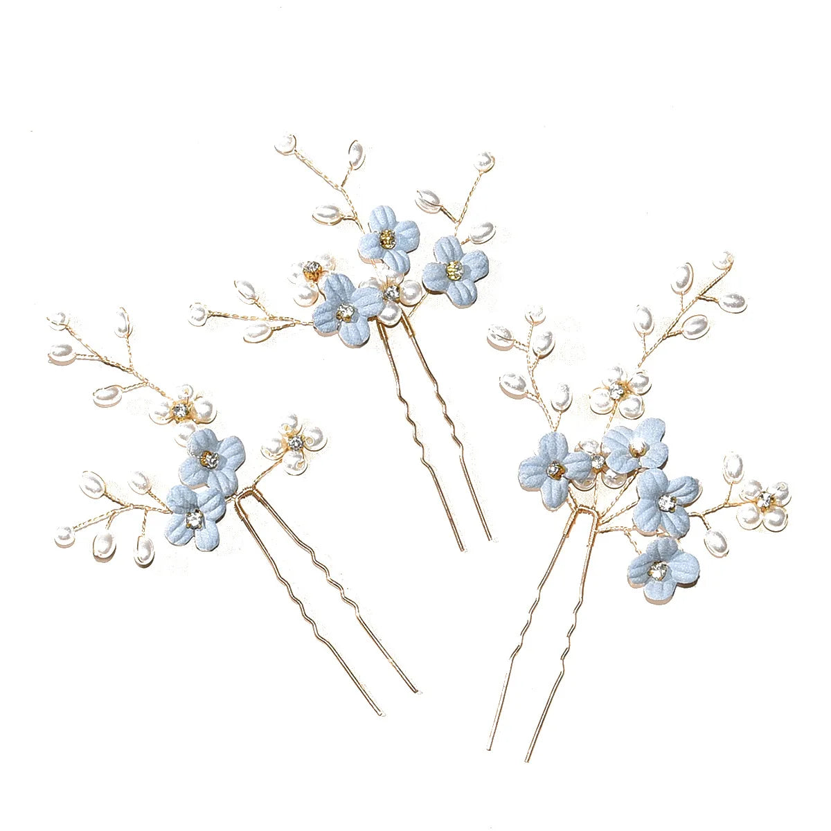3pcs Blue Flower U Shaped Hair Pins Pearl Elegant Hair Clips Headwear for Wedding Bridal Hairclip Women Hair Jewelry Accessories something blue