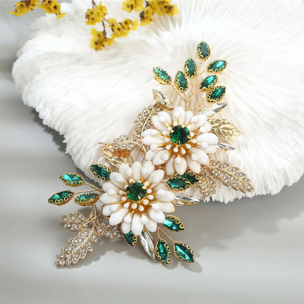Europe and America Cross Border for Grandmother Green Claw Settings Gold Leaves Hair Clip Accessories Bridal
