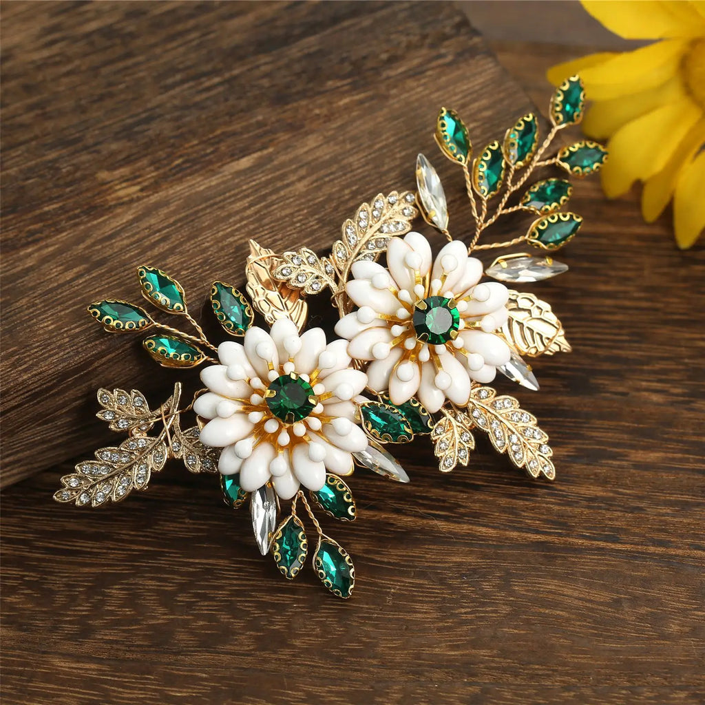 Europe and America Cross Border for Grandmother Green Claw Settings Gold Leaves Hair Clip Accessories Bridal