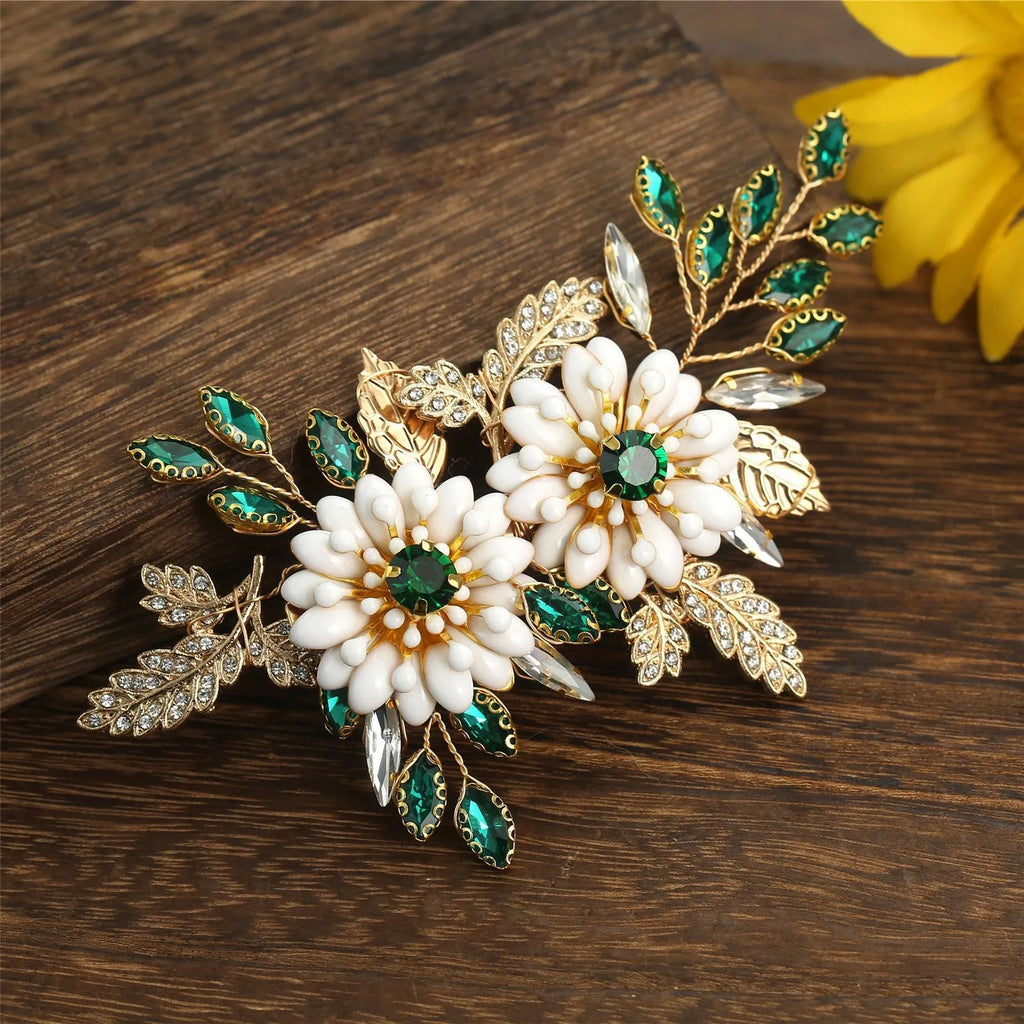 Europe and America Cross Border for Grandmother Green Claw Settings Gold Leaves Hair Clip Accessories Bridal