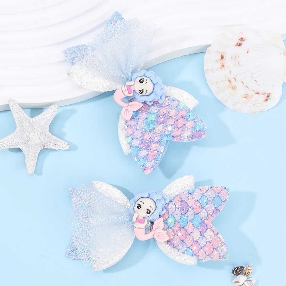 2Pcs Cartoon Mermaid Hair Clips Glitter Bow Hairpin Sparkly Barrette For Girls Children Summer Beach Headdress Hair Accessories