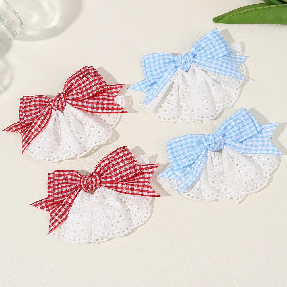2Pcs New Korean Red Plaid Bow Hair Clips For Girls Cute White Lace Flower Hairpins Sweet Daily Trendy Headwear Hair Accessories