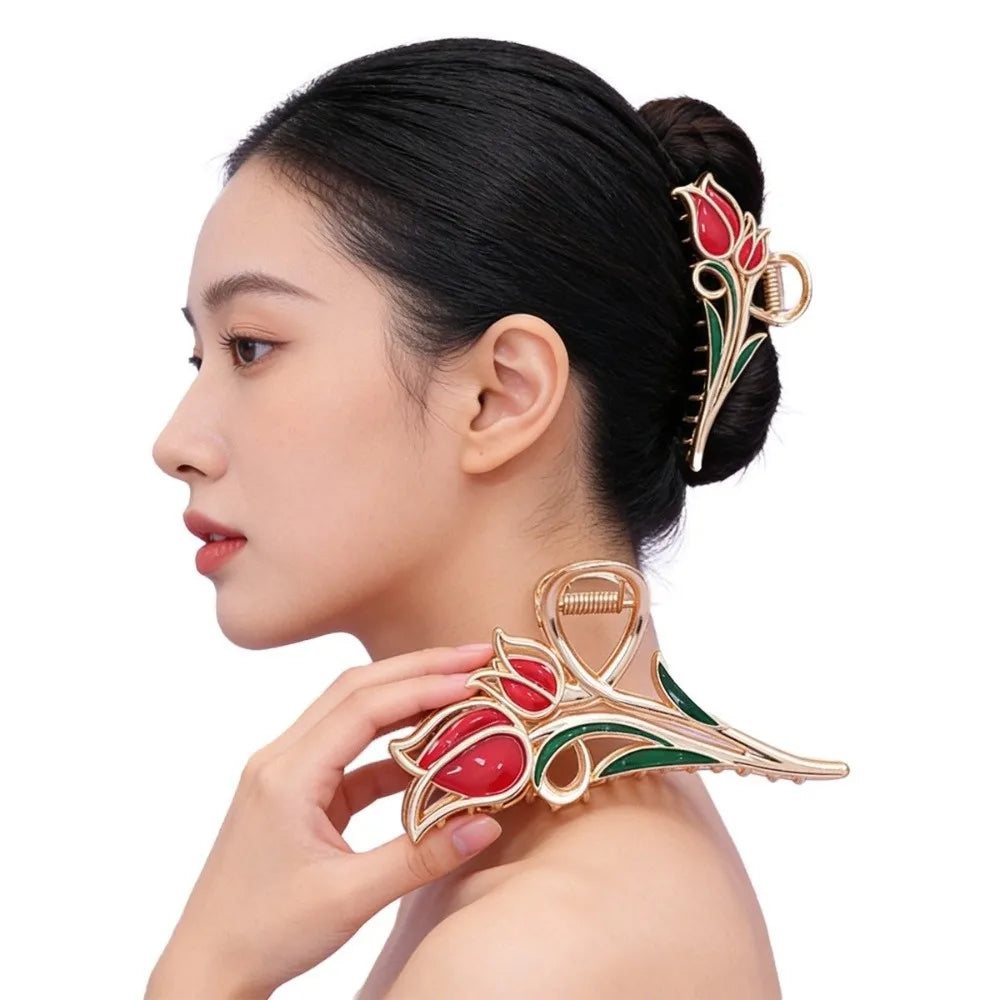 Fashion Metal Flower Hair Clips Exquisite Lily Tulip Rose Shark Clip Advanced Non-Slip Hair Claw Hair Accessories