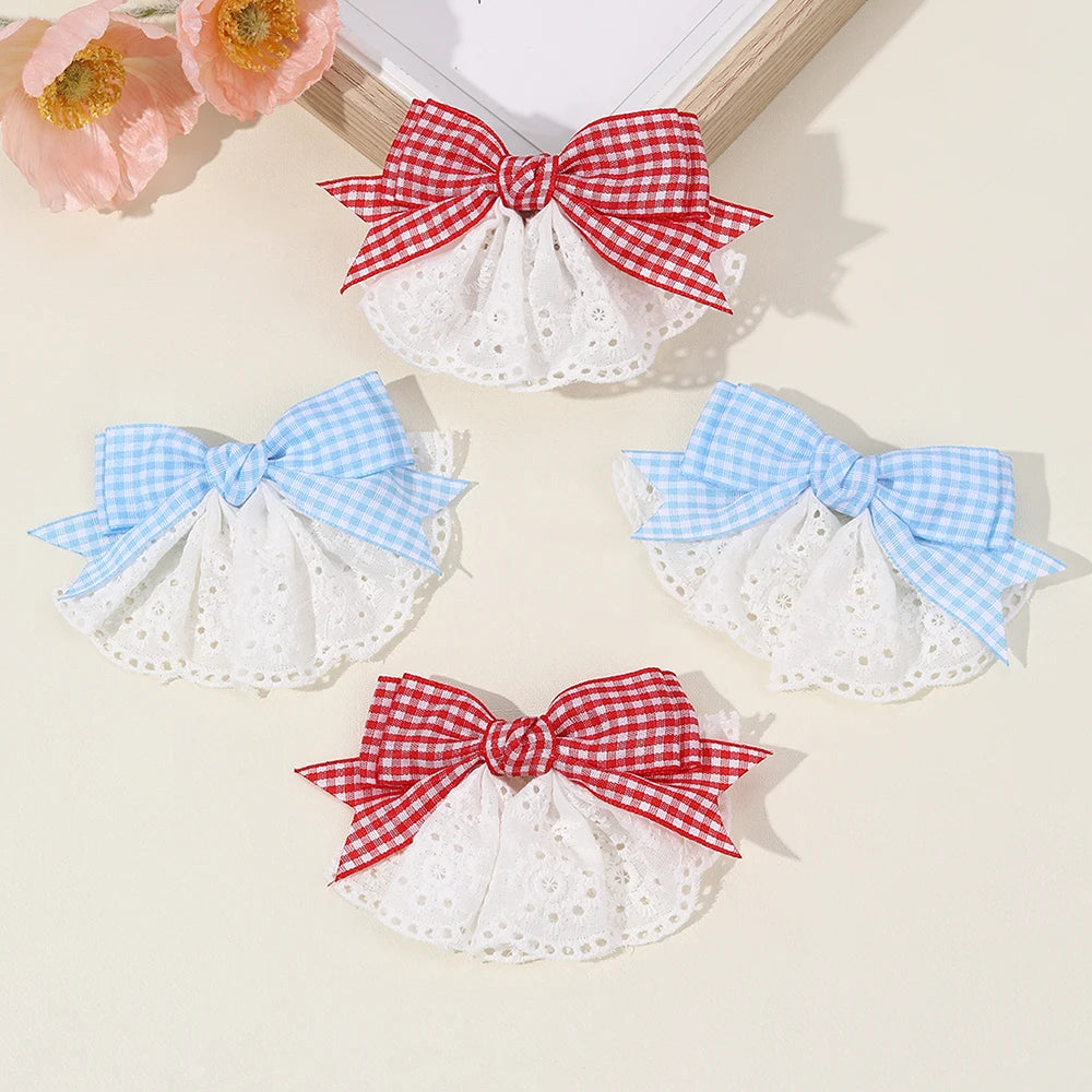 2Pcs New Korean Red Plaid Bow Hair Clips For Girls Cute White Lace Flower Hairpins Sweet Daily Trendy Headwear Hair Accessories