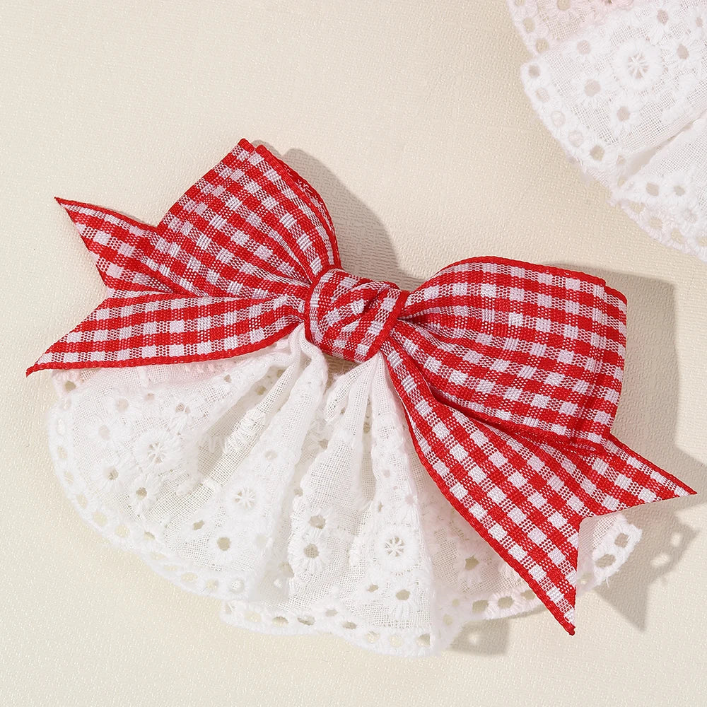 2Pcs New Korean Red Plaid Bow Hair Clips For Girls Cute White Lace Flower Hairpins Sweet Daily Trendy Headwear Hair Accessories