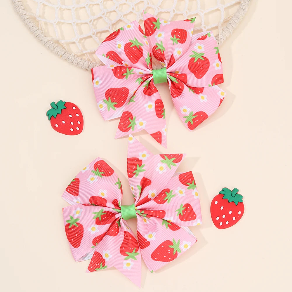 2Pcs Strawberry Ribbon Hair Clips Pink Sweet Flower Print Hairpin Trendy Barrette For Girls Children Kids Headdress Accessories