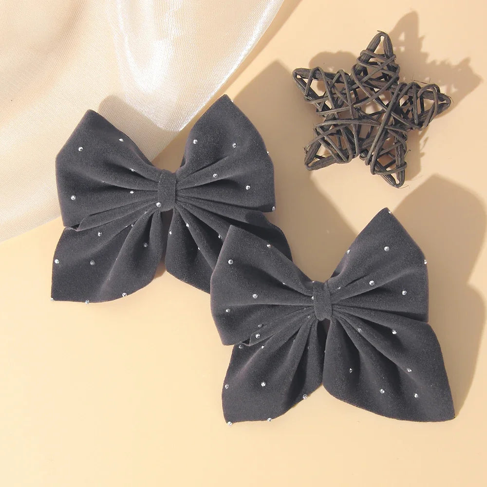 2PCS/Set Girl's Favorite Cute Bow Hair Clip Diamond Embellished Velvet Solid Color Bow Alloy Safe Hair Accessory Kids Gift