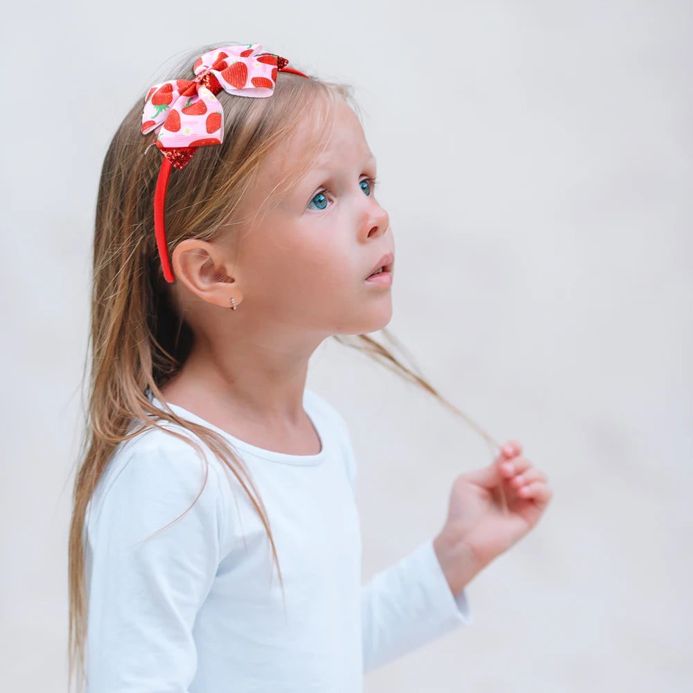 Strawberry Print Headband Glitter Watermelon Elastic Ribbon Bow Hair Bands Children Girls Summer Headwear Headdress Accesories