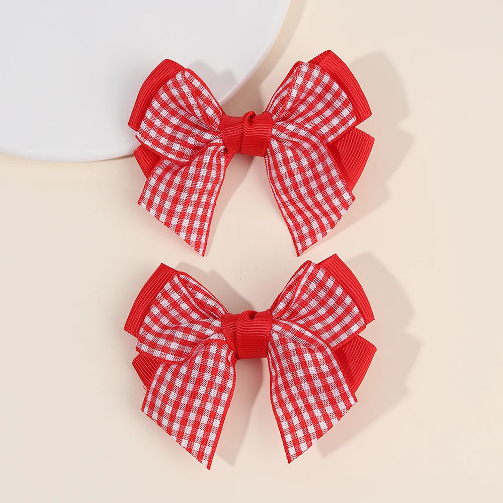 2Pcs bow  Plaid Hair Clips slides Sweet Cute Double Layer Bownot Hairpins Ribbon Barrette For Girls Children Headdress Accessories school party holiday