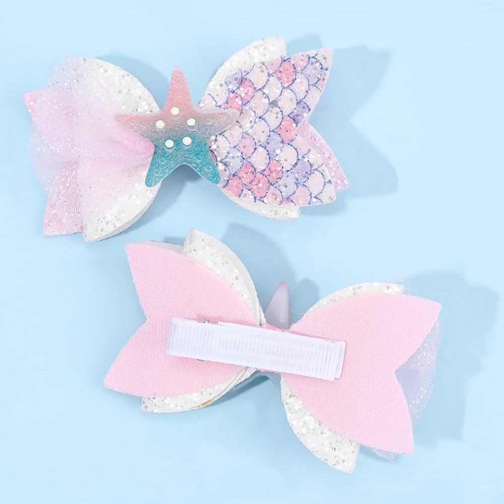2Pcs Cartoon Mermaid Hair Clips Glitter Bow Hairpin Sparkly Barrette For Girls Children Summer Beach Headdress Hair Accessories