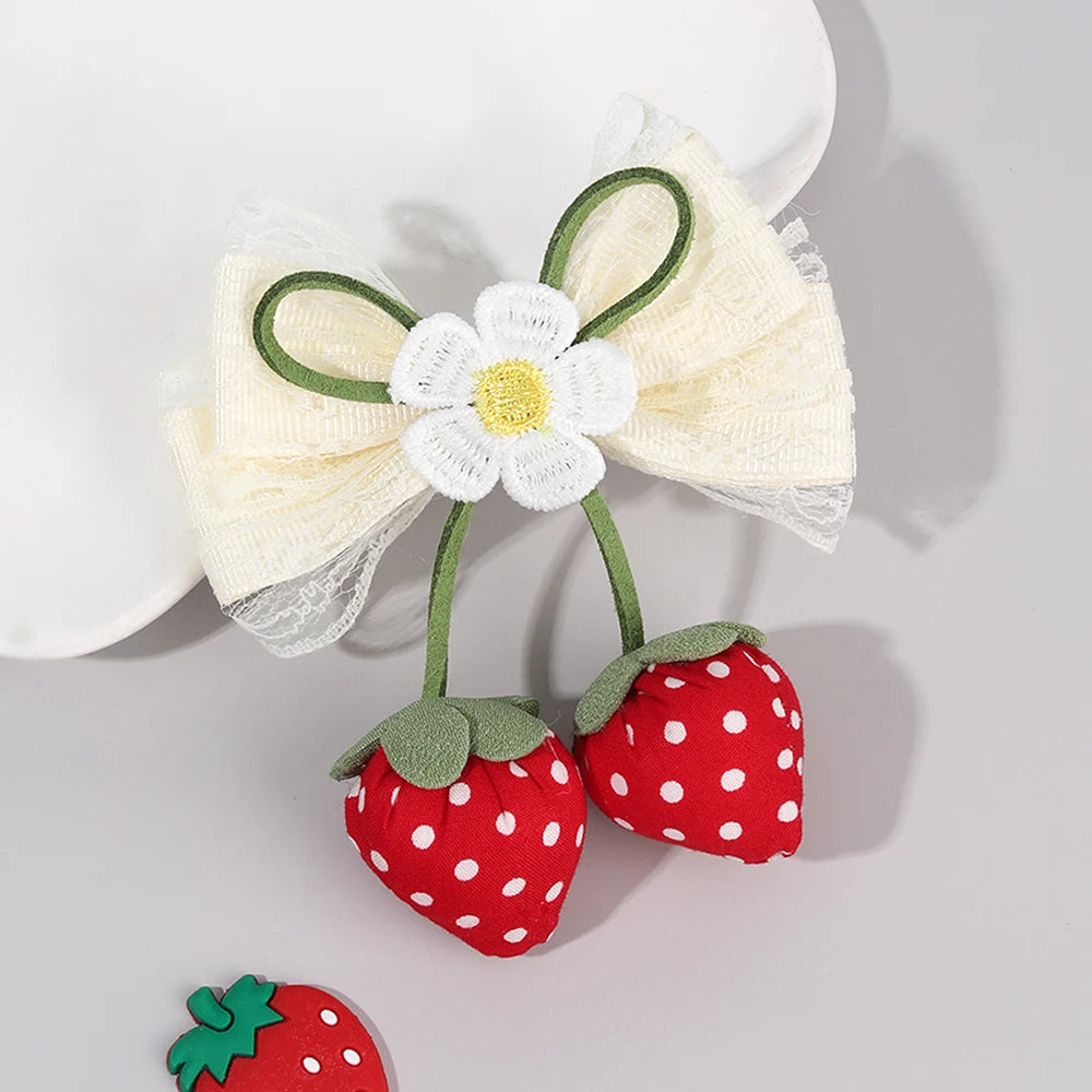 Juicy Strawberry Bow Hair Clips Sweet Flower Lace Ribbon Bownot Hairpins For Girls Children Trendy Cute Headwear Accessories half hair up half down , party holiday cruise