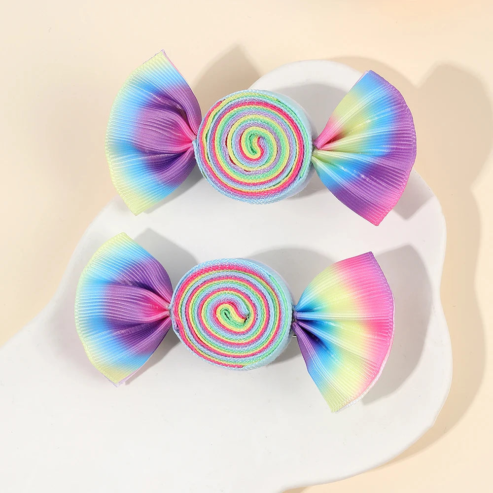 2Pcs Candy Bow Hair Clips Sweet Strawberry Heart Print Hairpins Rainbow Barrette For Girls Kids Children Headwear Accessories