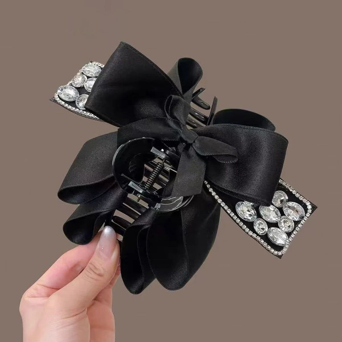 Diamond Satin Black Bow claw clip