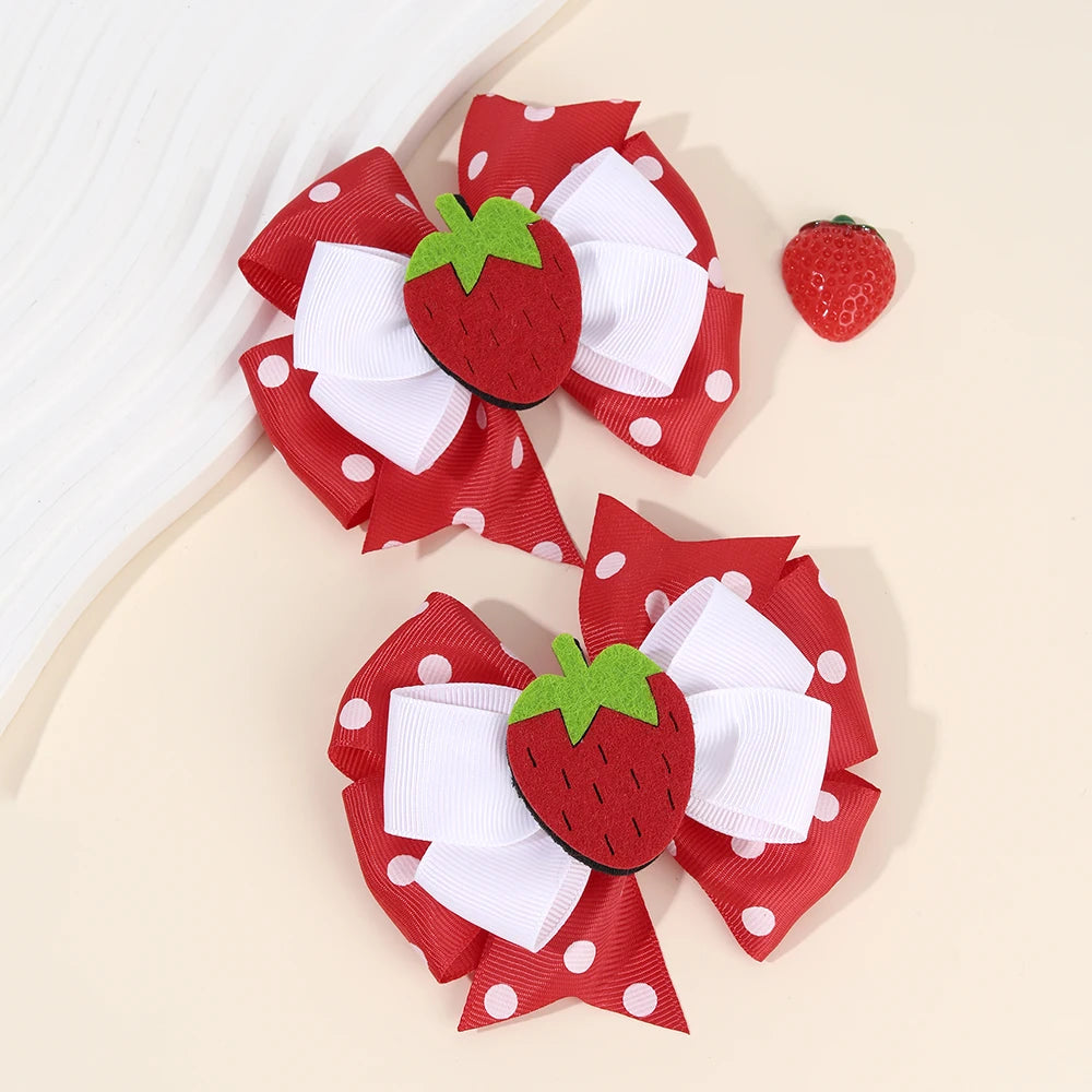 2Pcs Strawberry Hair Clip Sweet Polka Dot Ribbon Fashion Bow Barrettes For Girl Children Baby Trendy accessories  Hair clips slides cherry