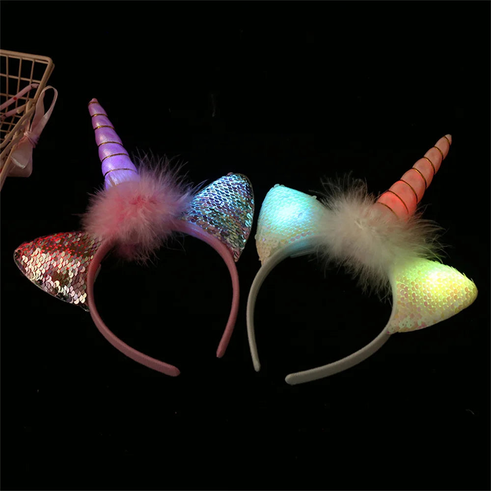 Led Light Unicorn Headband Kids Girl Birthday Cartoon Headwear Hair Accessories Rainbow Unicorn Theme Party Decoration Suppliese