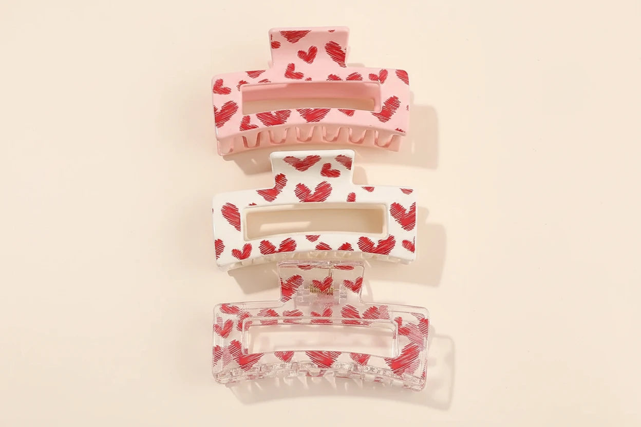 3 x  Pink Love Print  Claw Clips
