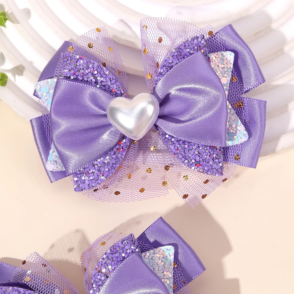 2Pcs Trendy Chiffon Bow Hair Clips For Girls Mesh Dot Hairpins Glitter Three-Tier Bownot Barrette Children Headwear Accessories