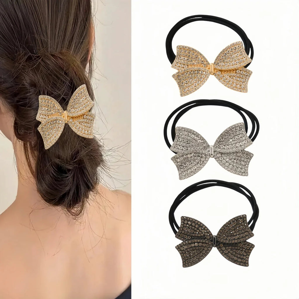 Bow diamond-encrusted alloy retro low ponytail tie hair band, suitable for daily use