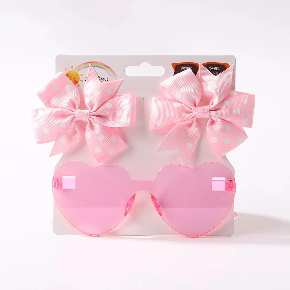 3Pcs/Pack Solid Dot Hair Bows Clip Girls Boutique Bowknot Hair Clips Kids Colorful Heart Sun Glasses Children Hair Accessories toddler photo shoot prop sent without the card packaging