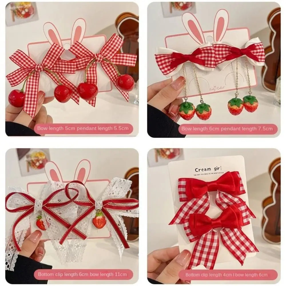 1pair Cute Red Cherry Hair Clip Cloth Bow Headflower Strawberry Side Hairpins Barrettes Headwear Bow Hairpins Girls