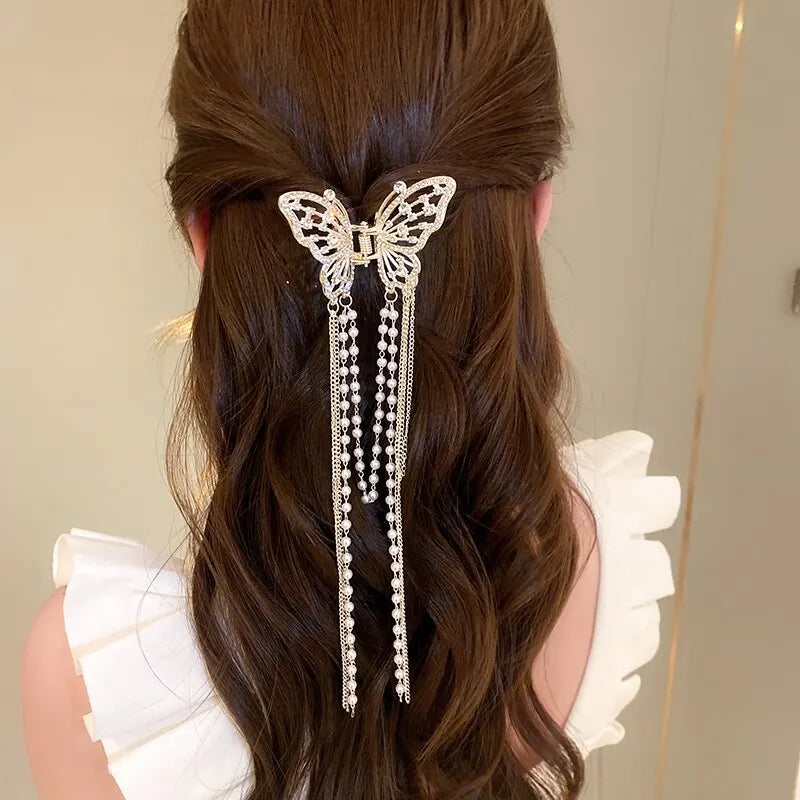 Butterfly Hair Clip With Long Tassel Hair Accessories For Women Elegant Imitation Pearl Rhinestone Shark Hairpins Jewelry K-
