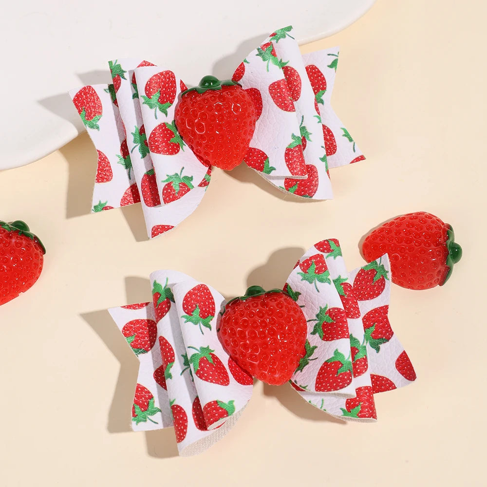 2Pcs juicy Strawberry Bow Hair Clips Cute Faux Glitter Leather Hairpins Sweet Flower Ribbon Barrette For Girls Kids Hair Accessories