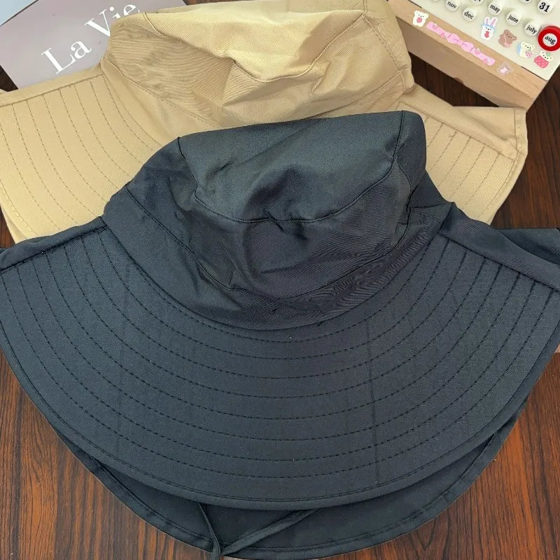 Women Large Brim UV Protection Sun Hat Summer Fiing Cap Breathable Outdoor Fishing Hiking Wide Brim Shawl Sunscreen Ponytail Cap