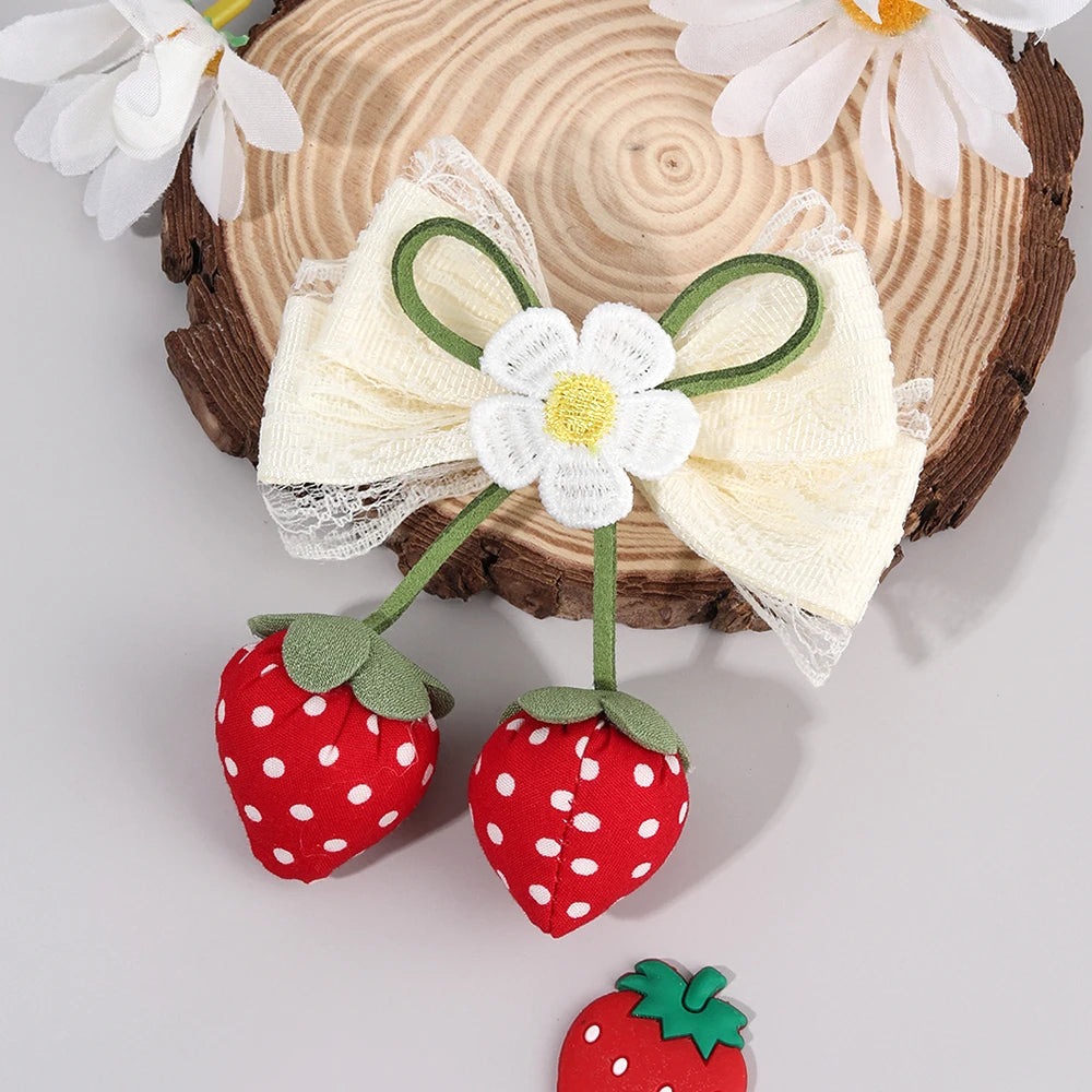 Juicy Strawberry Bow Hair Clips Sweet Flower Lace Ribbon Bownot Hairpins For Girls Children Trendy Cute Headwear Accessories half hair up half down , party holiday cruise