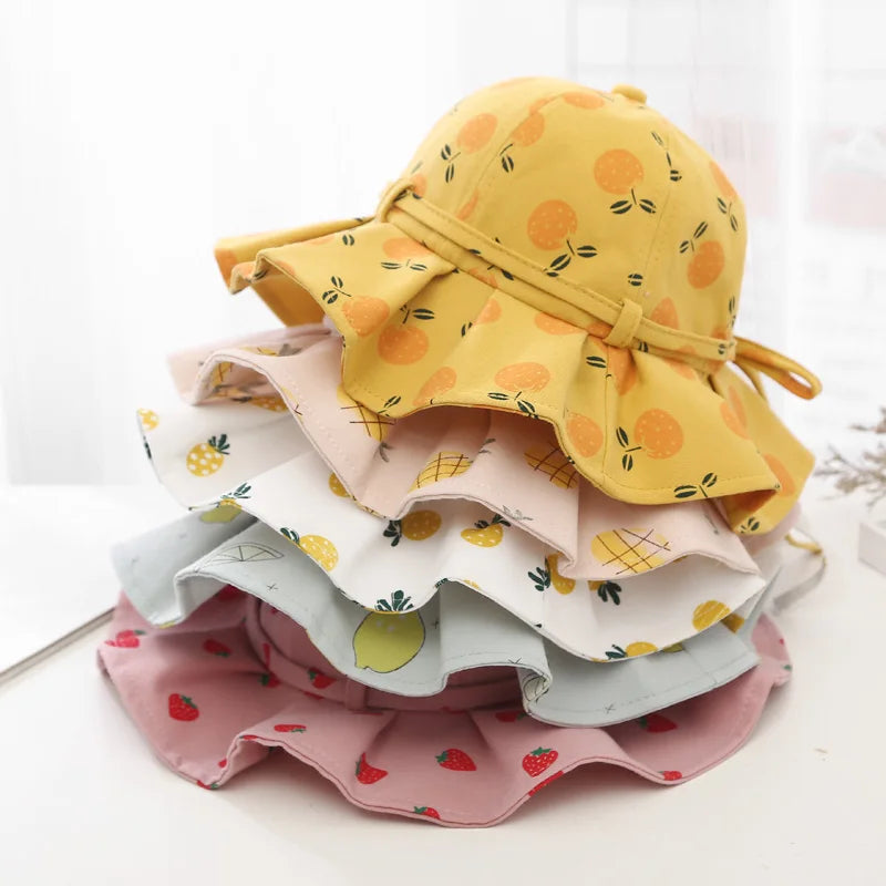 Summer Baby Girl Hat Cotton Fruit Kids Bucket Hats Sun Protection Bowknot Princess Children Cap for Girls Beach Travel 1-2 year old