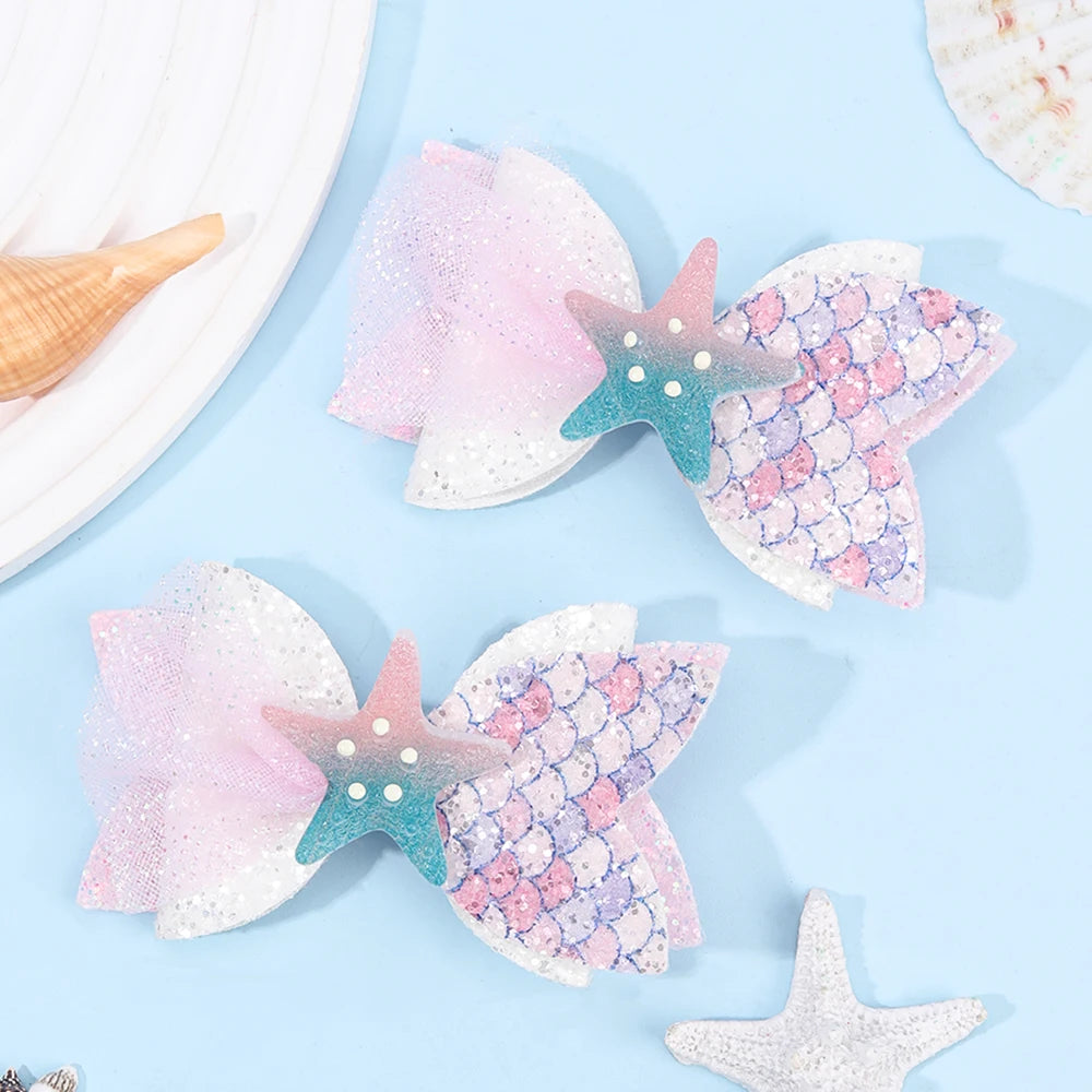 2Pcs Cartoon Mermaid Hair Clips Glitter Bow Hairpin Sparkly Barrette For Girls Children Summer Beach Headdress Hair Accessories