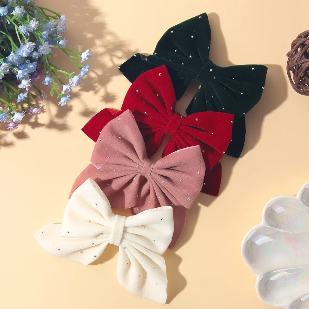 2PCS/Set Girl's Favorite Cute Bow Hair Clip Diamond Embellished Velvet Solid Color Bow Alloy Safe Hair Accessory Kids Gift