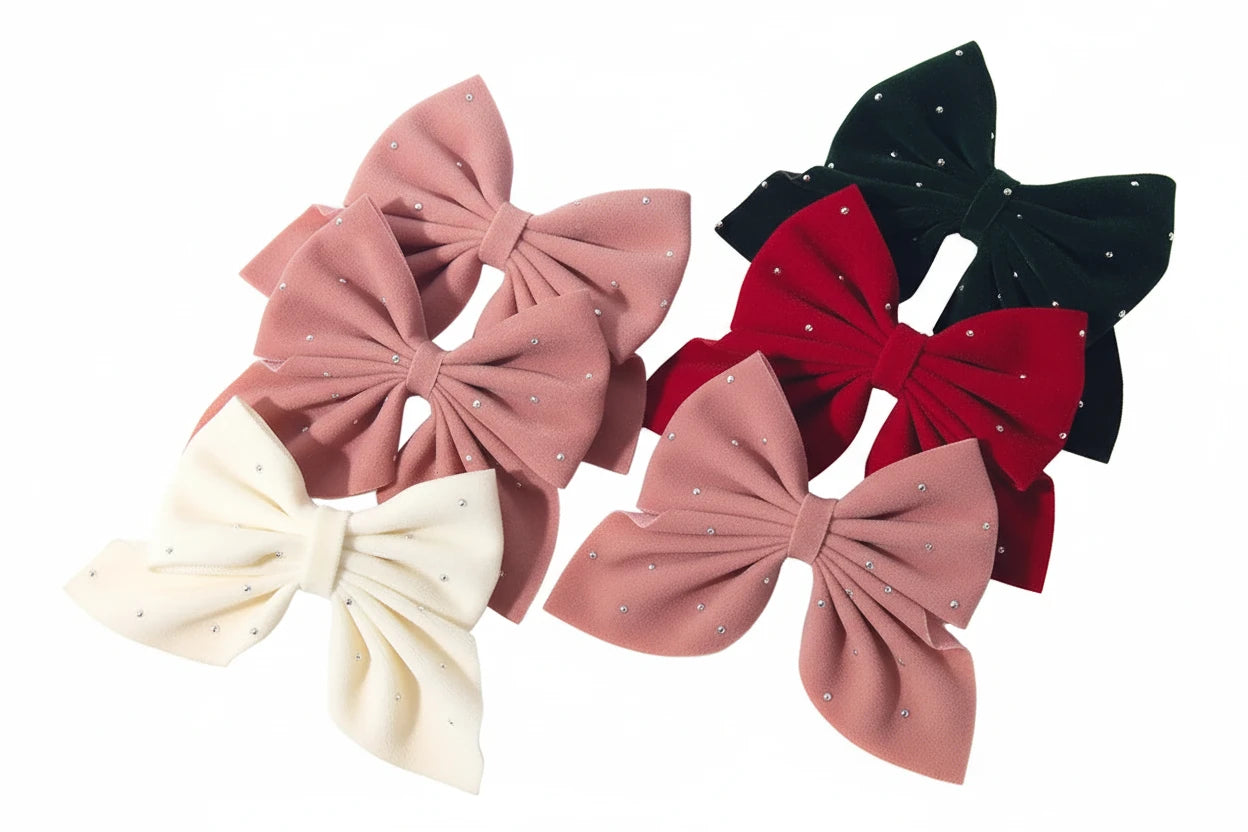 2PCS/Set Girl's Favorite Cute Bow Hair Clip Diamond Embellished Velvet Solid Color Bow Alloy Safe Hair Accessory Kids Gift