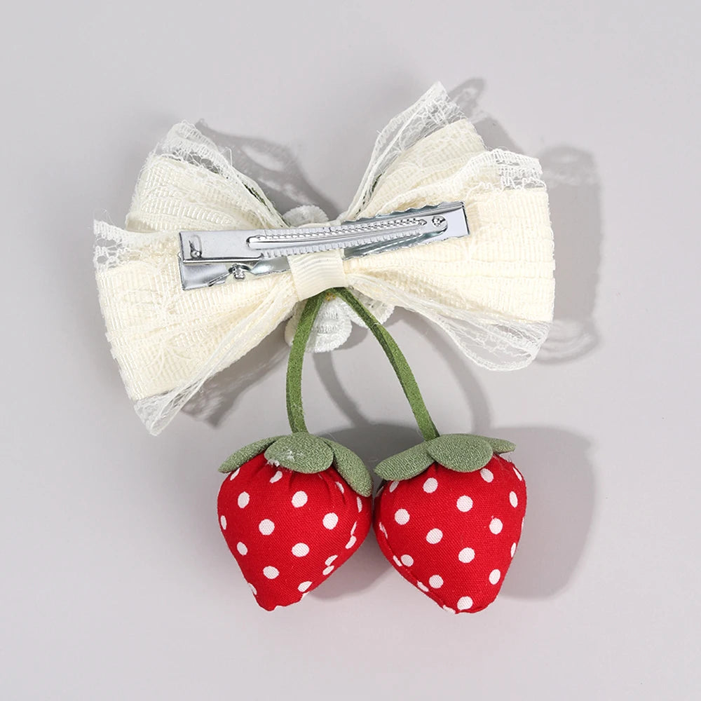 Juicy Strawberry Bow Hair Clips Sweet Flower Lace Ribbon Bownot Hairpins For Girls Children Trendy Cute Headwear Accessories half hair up half down , party holiday cruise