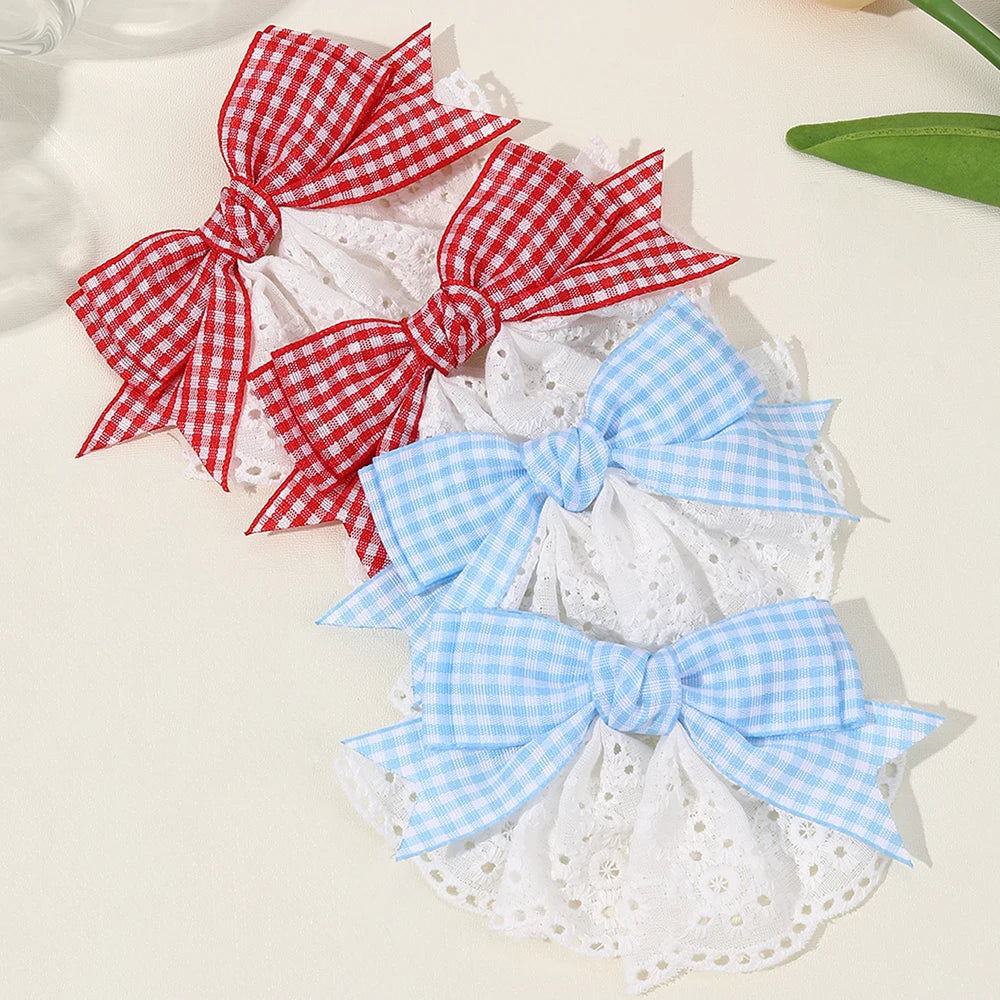2Pcs New Korean Red Plaid Bow Hair Clips For Girls Cute White Lace Flower Hairpins Sweet Daily Trendy Headwear Hair Accessories