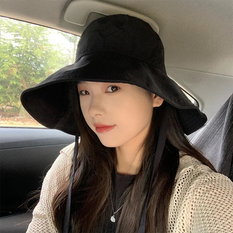 Women Lace-up Bowknot Sunscreen Fisherman Hat Large Brim Summer Anti-UV Strap Bucket Caps Korean Girl Travel Beach Basin Caps