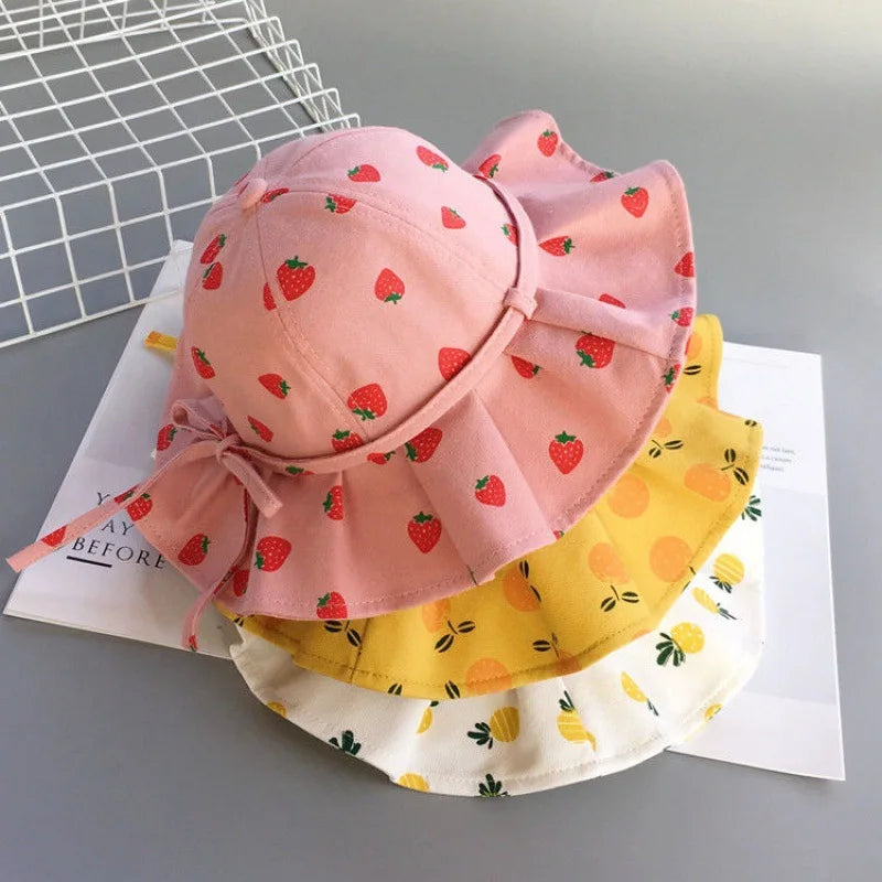 Summer Baby Girl Hat Cotton Fruit Kids Bucket Hats Sun Protection Bowknot Princess Children Cap for Girls Beach Travel 1-2 year old