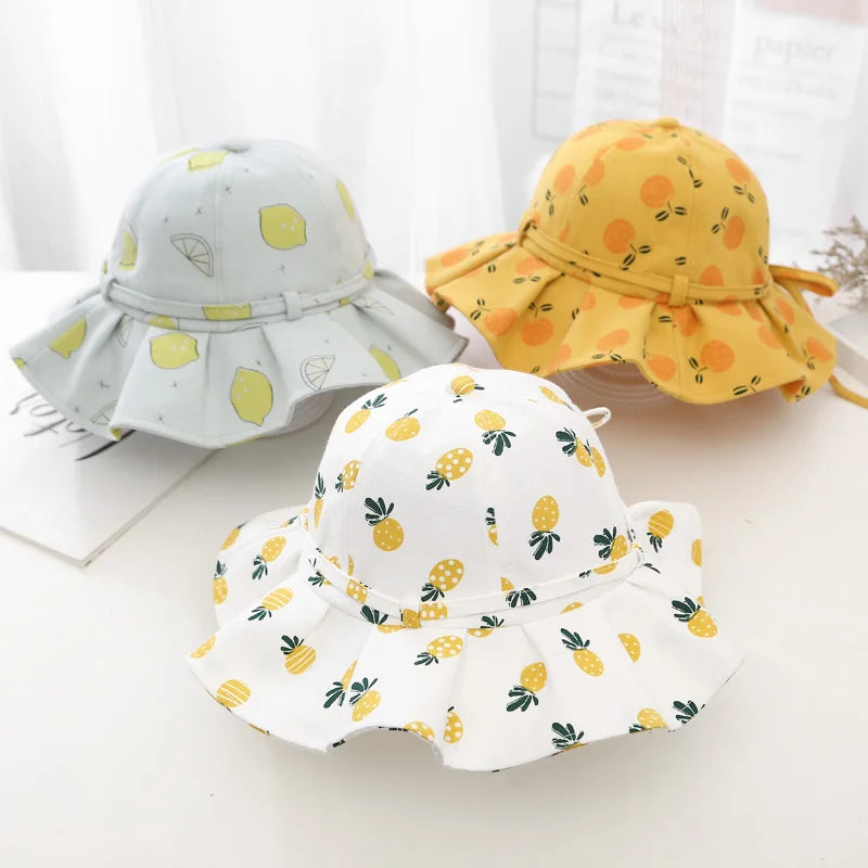 Summer Baby Girl Hat Cotton Fruit Kids Bucket Hats Sun Protection Bowknot Princess Children Cap for Girls Beach Travel 1-2 year old
