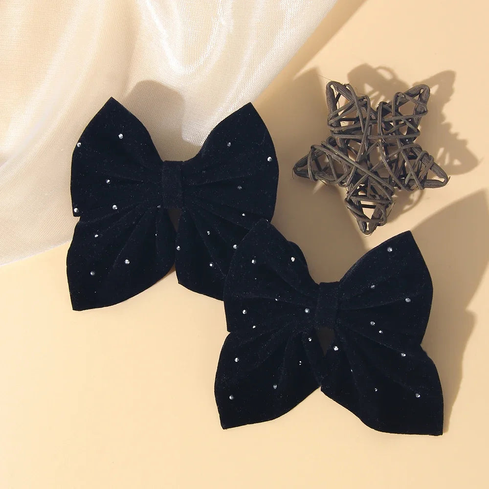 2PCS/Set Girl's Favorite Cute Bow Hair Clip Diamond Embellished Velvet Solid Color Bow Alloy Safe Hair Accessory Kids Gift