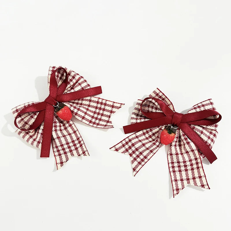 Red Bow Hair Clips Fashion Plaid Stripes Hairpins Strawberry Cherry Barrettes Sweet Lace Headwear Princess Kids Hair Accessories