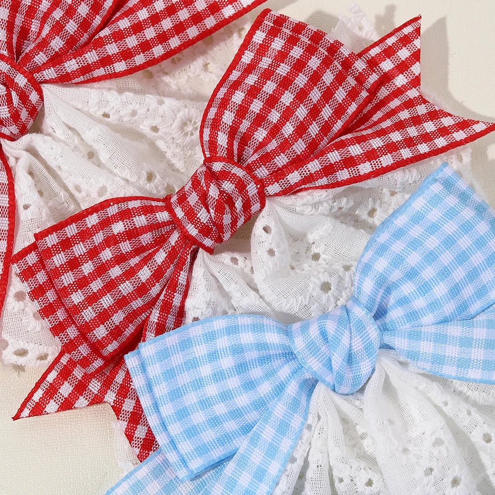 2Pcs New Korean Red Plaid Bow Hair Clips For Girls Cute White Lace Flower Hairpins Sweet Daily Trendy Headwear Hair Accessories