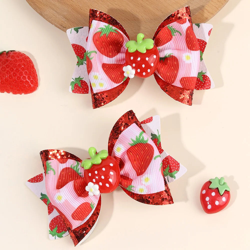2pcs/Pack Sparkling Fruit Shaped 3D Strawberry Decoration Leather Hair Clips for Girls, Toddler Girl Hair Accessories Headwear