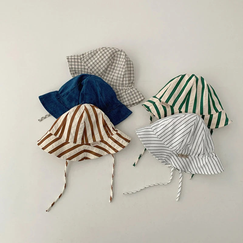 Double Sided Baby Bucket Hat Solid Color Striped Plaid Fisherman Cap for Infant Panama Bonnet Summer Kids Sun Visor Hats 6 month to 18 month