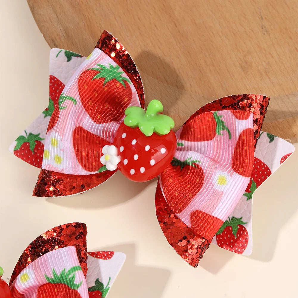 2pcs/Pack Sparkling Fruit Shaped 3D Strawberry Decoration Leather Hair Clips for Girls, Toddler Girl Hair Accessories Headwear