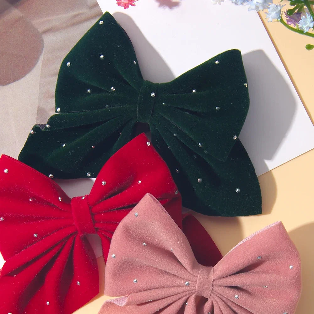 2PCS/Set Girl's Favorite Cute Bow Hair Clip Diamond Embellished Velvet Solid Color Bow Alloy Safe Hair Accessory Kids Gift