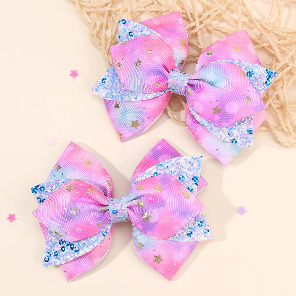 2Pcs Rainbow Star Hair Clips Sweet Glitter Sequin Hairpins New Ribbon Barrette For Girls Children Headwear Hair Accessories Gift party girls
